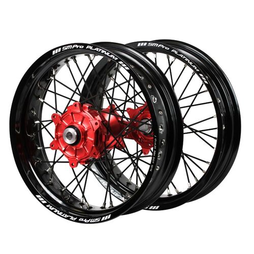 Honda SM Pro Cush Drive Red Hubs / SM Pro Platinum Black Rims Supermotard / Black Spokes Wheel Set