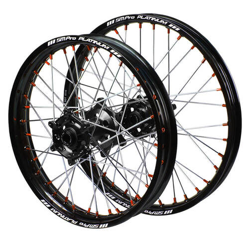 Husaberg SM Pro Black Hubs / SM Pro Platinum Black Rims / Orange Nipples Wheel Set FE 650 2003-2006 (21*1.6 / 19*2.15)