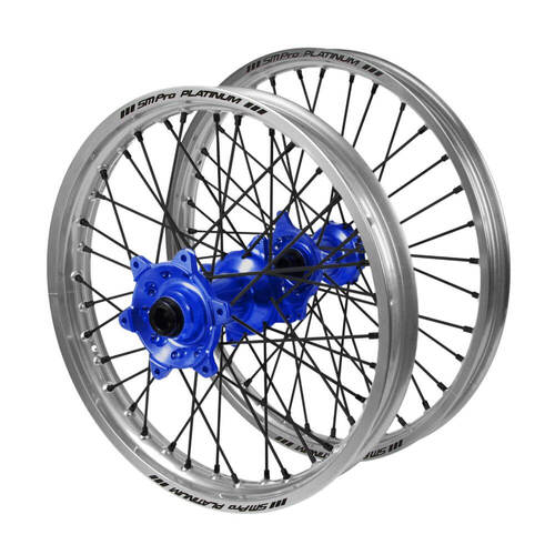 Gas Gas SM Pro Blue Hubs / SM Pro Platinum Silver Rims / Black Nipples / Black Spokes Wheel Set MC 125 2021-2024 (21*1.6 / 18*2.15)