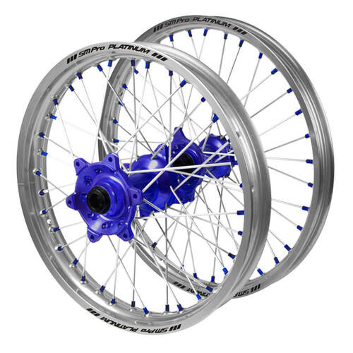 Gas Gas SM Pro Blue Hubs / SM Pro Platinum Silver Rims / Blue Nipples Wheel Set MC 125 2021-2024 (21*1.6 / 18*2.15)