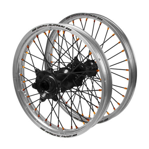 Gas Gas SM Pro Black Hubs / SM Pro Platinum Silver Rims / Orange Nipples / Black Spokes Wheel Set MC 250 2022-2024 (21*1.6 / 18*2.15)