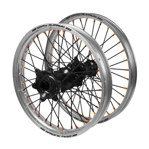 Husaberg SM Pro Black Hubs / SM Pro Platinum Silver Rims / Orange Nipples / Black Spokes Wheel Set FE 650 2003-2006 (21*1.6 / 19*2.15)