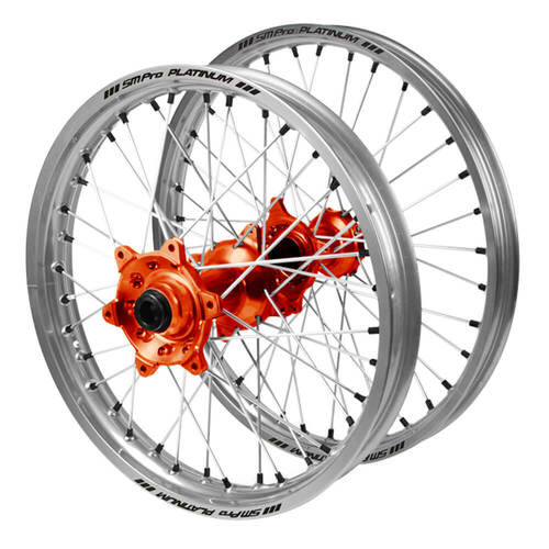 Gas Gas SM Pro Orange Hubs / SM Pro Platinum Silver Rims / Black Nipples Wheel Set MC 125 2021-2024 (21*1.6 / 18*2.15)