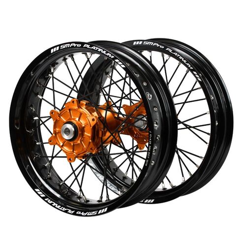 KTM SM Pro Cush Drive Orange Hubs / SM Pro Platinum Black Rims Supermotard / Black Spokes Wheel Set