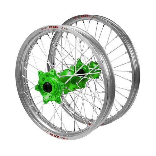 Kawasaki Talon Green Hubs / Excel Silver Rims Wheel Set KX 125 2004-2005 (21*1.6 / 19*2.15)